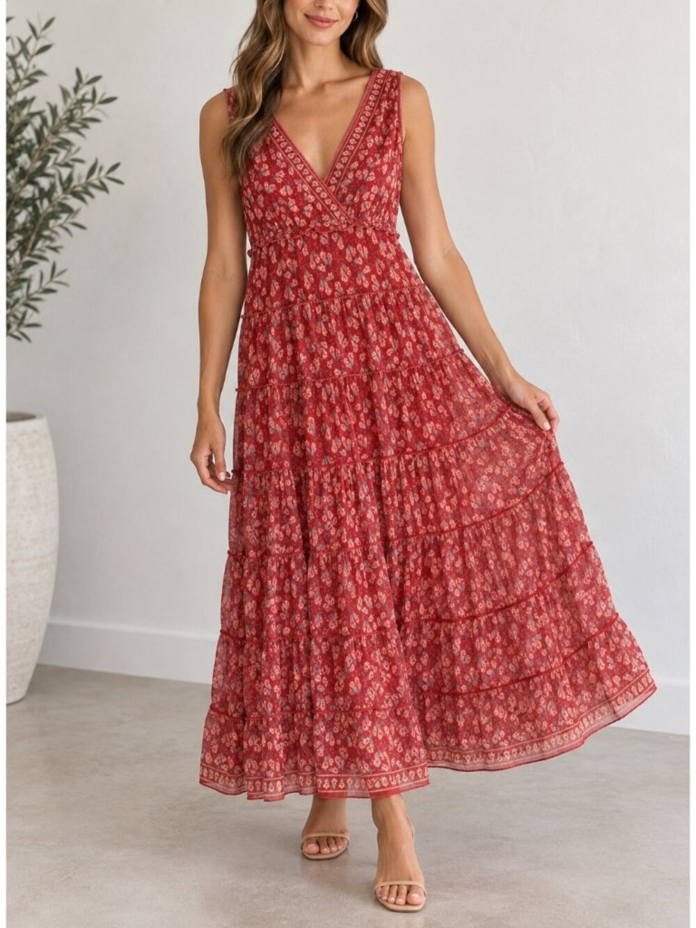 Max Studio Red Floral Tiered Maxi Stretch Dress Sleeveless Stretchy Boho